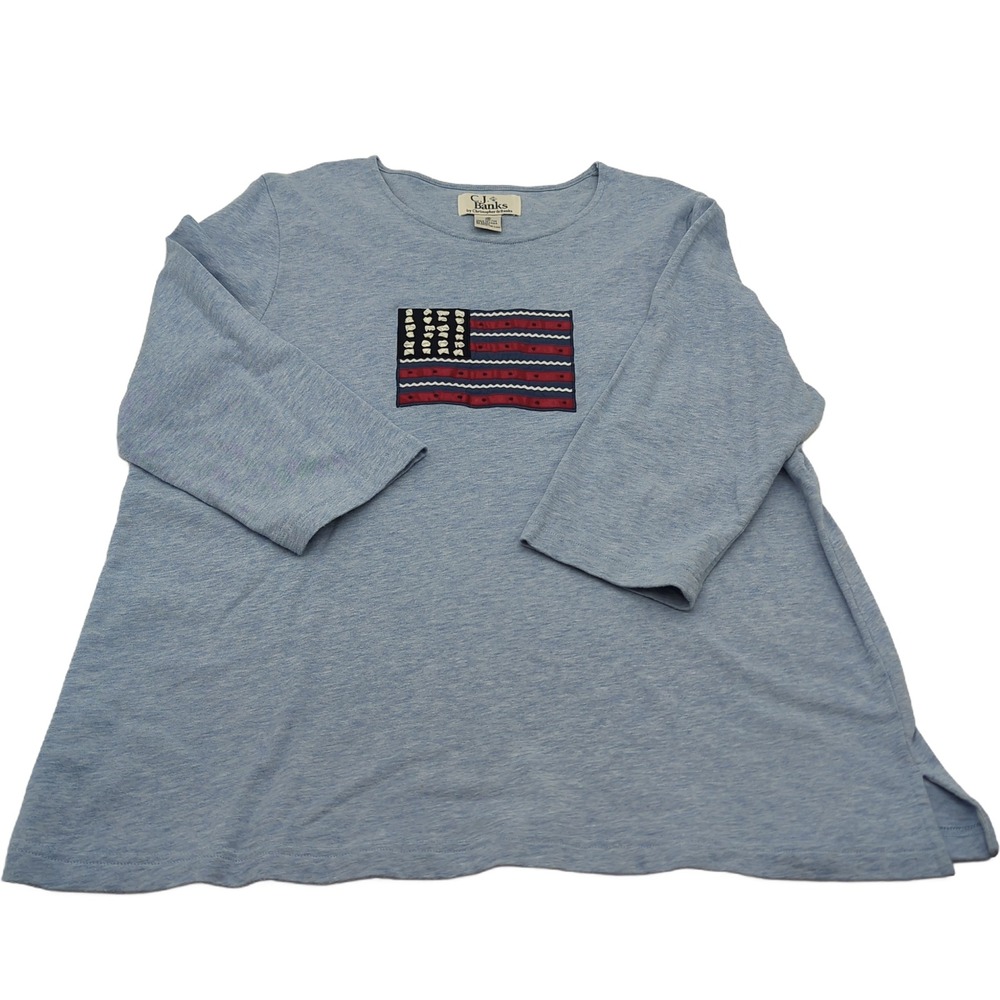 CJ Banks American Flag Patch Top 1X Blue Cotton 3/4 Sleeve Patriotic Shirt 2002